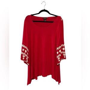 Multiples Boho Peasant Red Top with Embroidered Sleeves Size: Medium